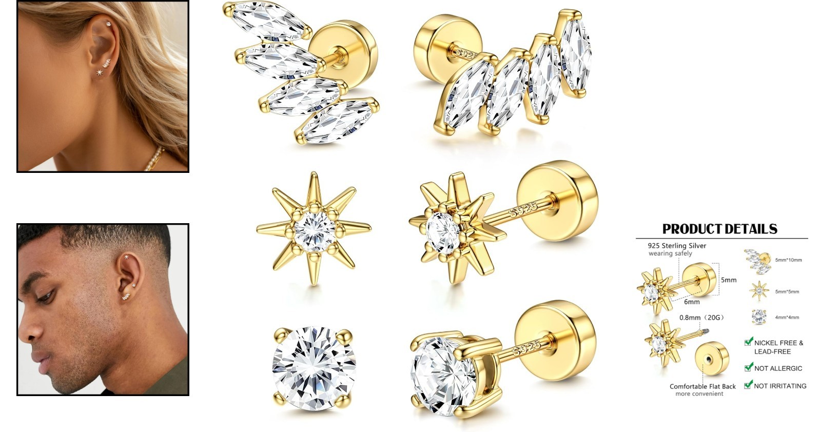 14K Gold Plated Hypoallergenic Sterling Silver Ear Studs for Sensitive Ears