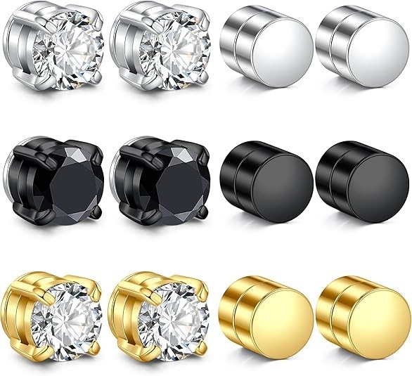 Men’s Magnetic Stud Earrings – Non Piercing 6 millimeters, Sliver-Black-Gold