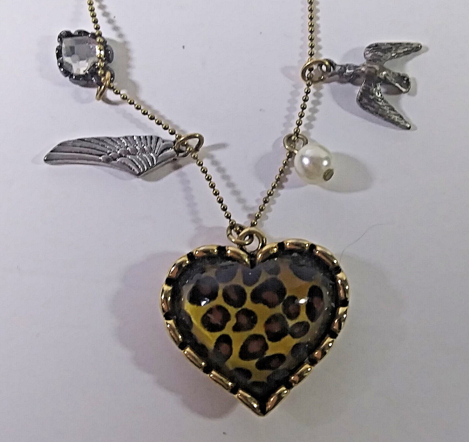 Betsey Johnson Womens Necklace Leopard Heart Charm Gold Angel Wing Dove 8in