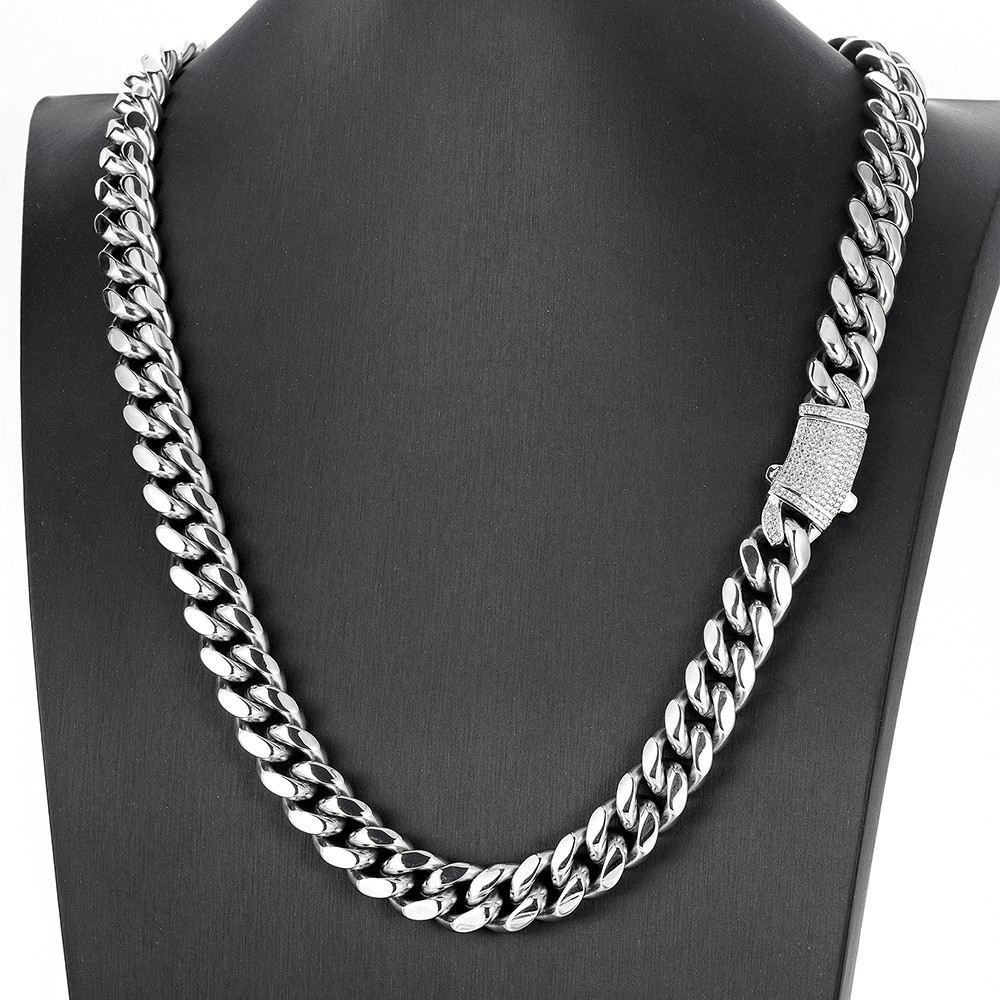 Men’s 8-14mm Stainless Steel Miami Cuban Link Chain Necklace Full Diamonds Lock