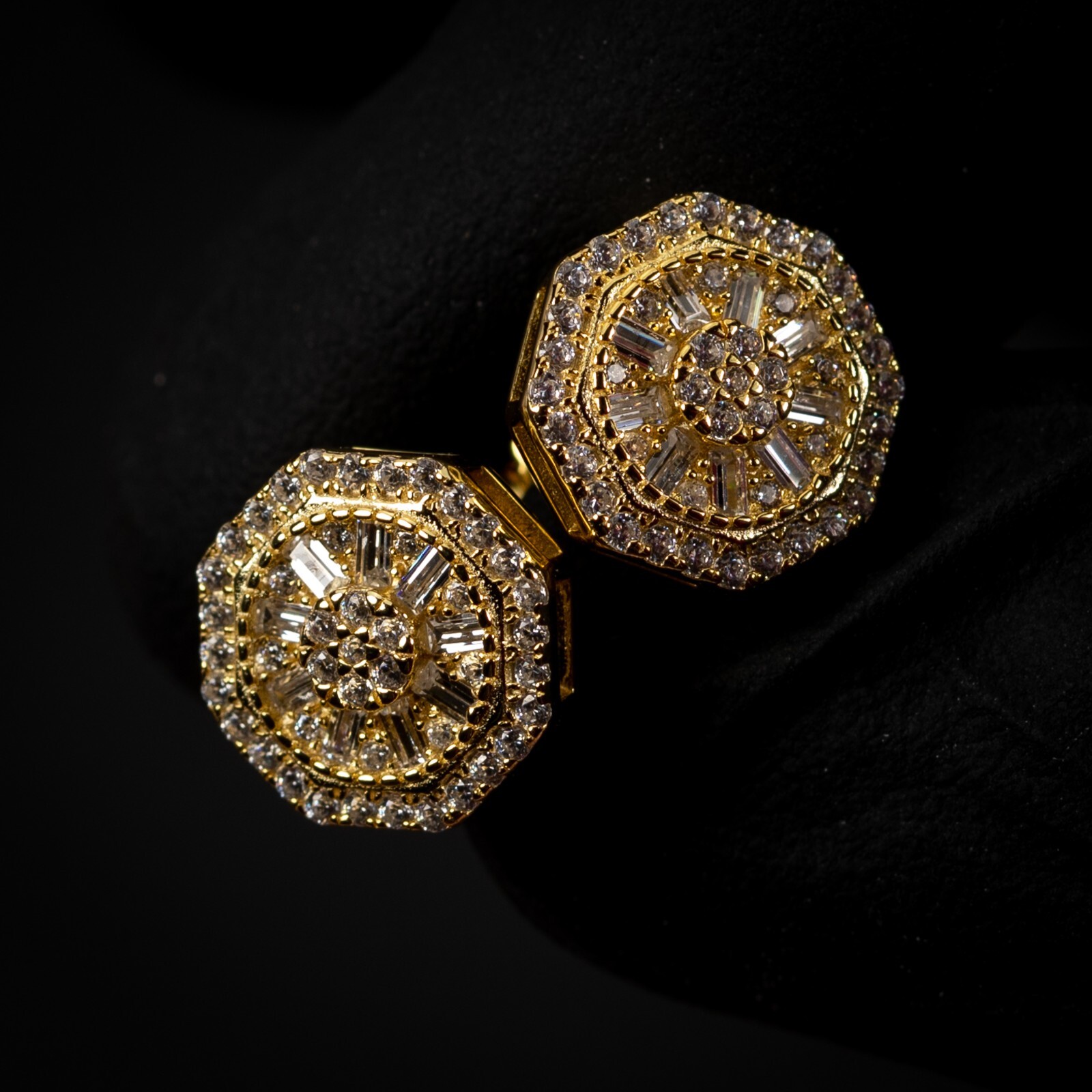 Men’s 14K Yellow Gold Plated 925 Sterling Iced Cz Octagonal Shaped Stud Earrings