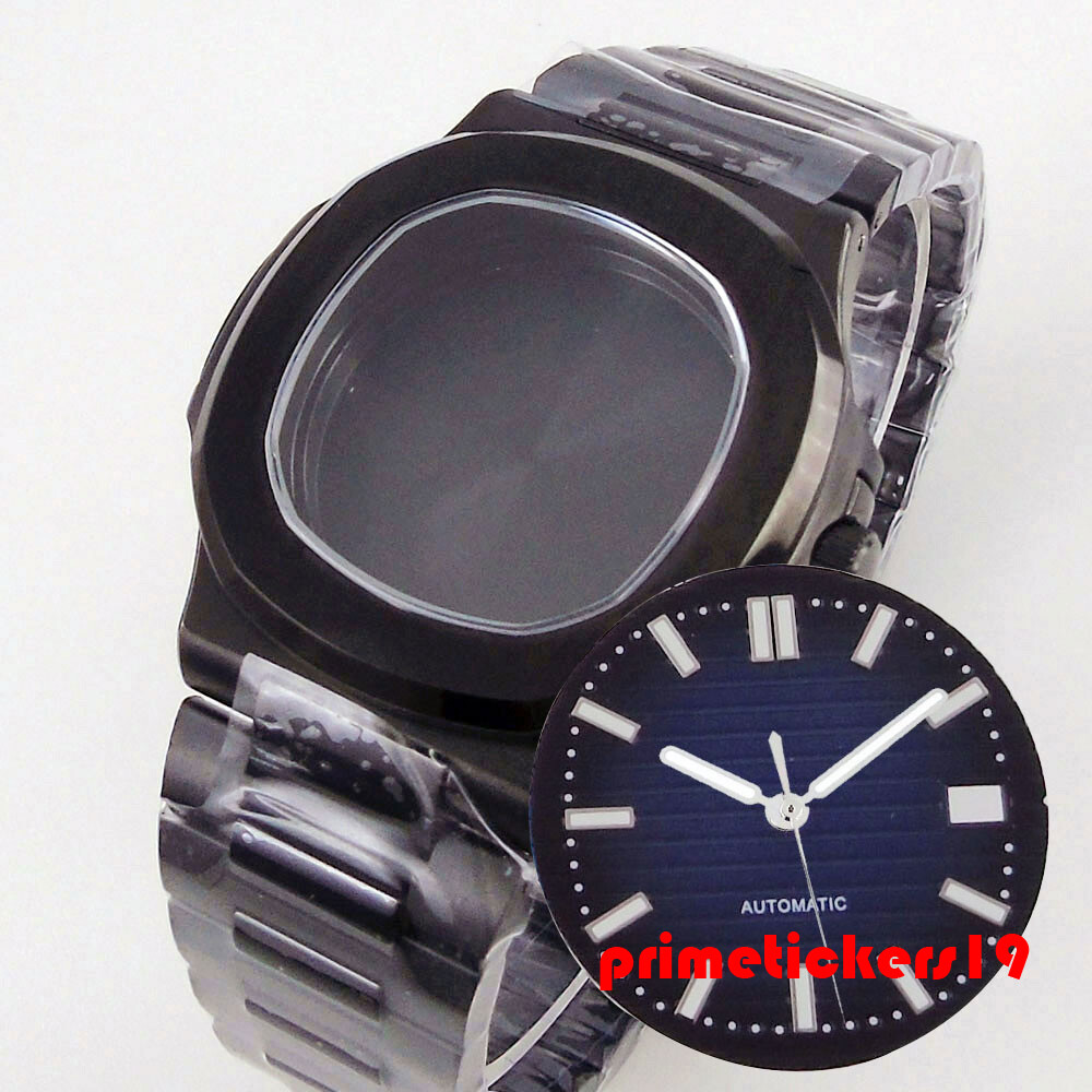 Black Pvd Square Watch Case Bracelet Dial Hands Set Sapphire Fit NH34 NH35 NH36