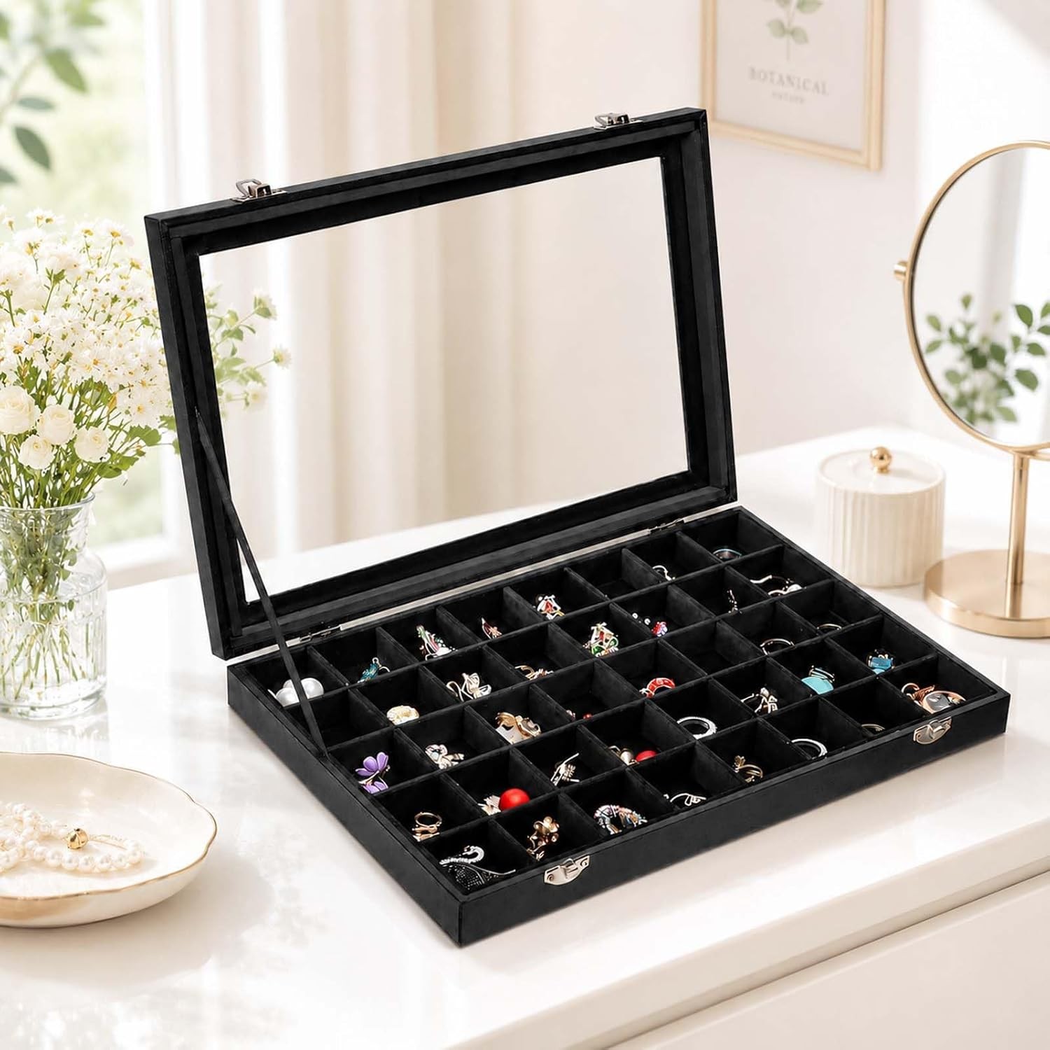 Black Velvet 40 Grid Earring Organizer Display Box with Transparent Lid Earring