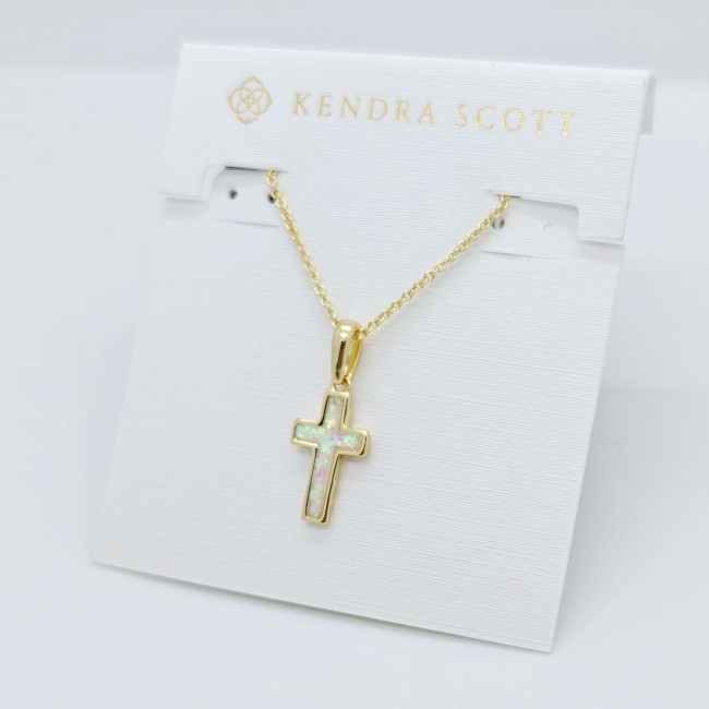 New Kendra Scott Cross Gold Pendant Necklace in White Opal