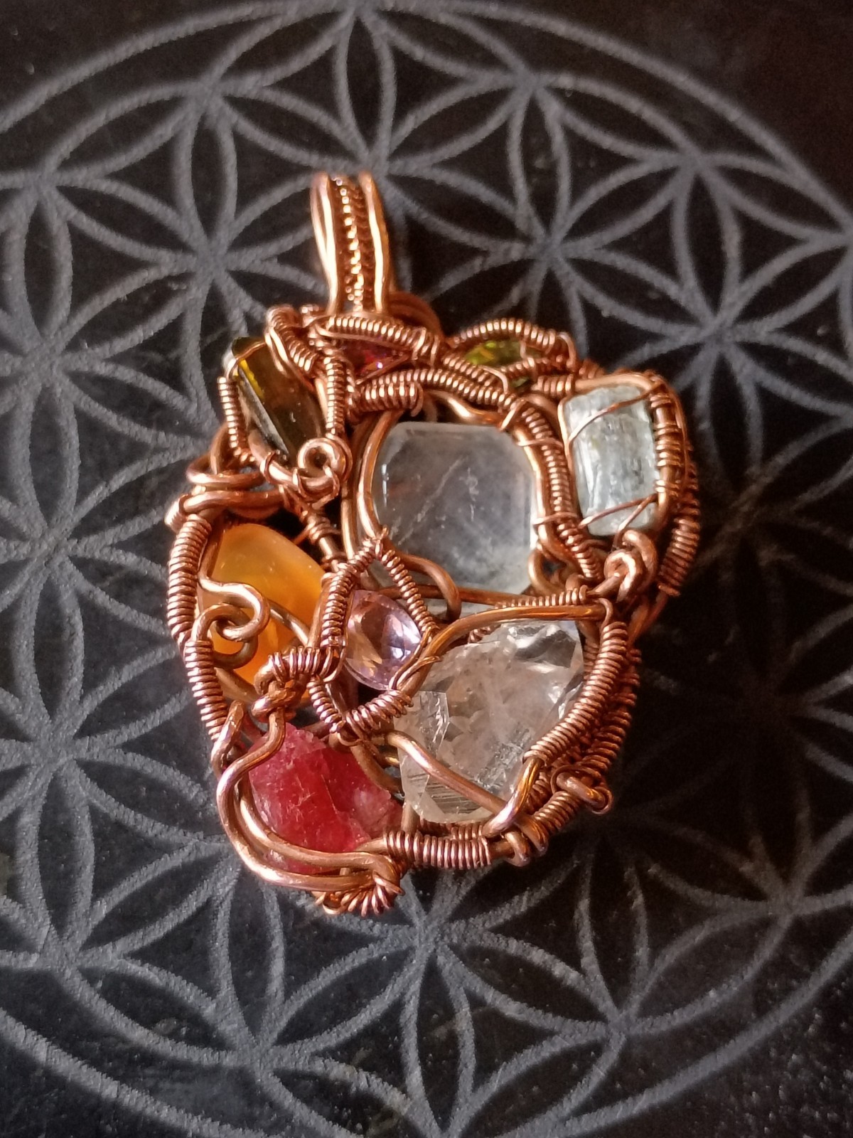 Multicolor Multiple Gem Stone Pendant Necklace Copper Wirewrap Amulet