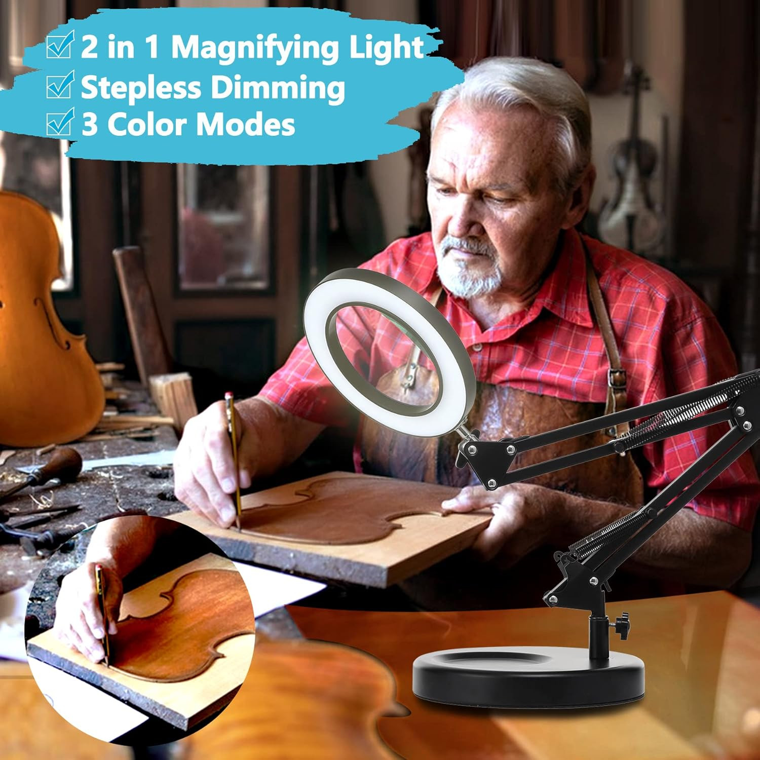10X Magnifying Glass with Light and Stand, 2-In-1 Stepless Dimmable LED Desk Lam