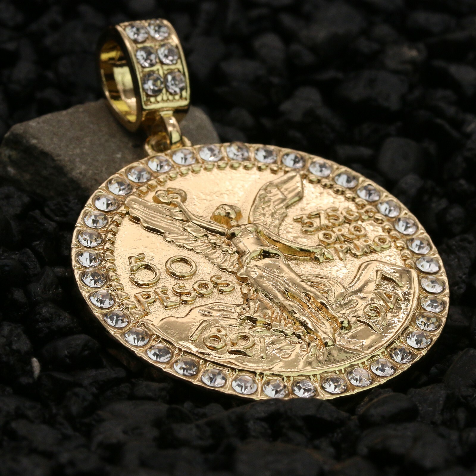 Centenario 50 Pesos Pendant Iced Cubic-Zirconia Rope Chain 14k Gold Plated