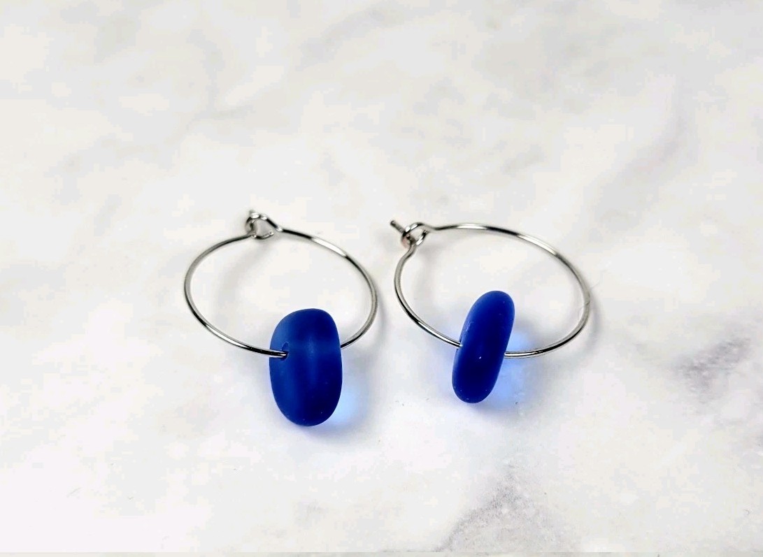 Sea Glass Earrings Blue Handmade – Coastal Boho Hoop Jewelry Gift