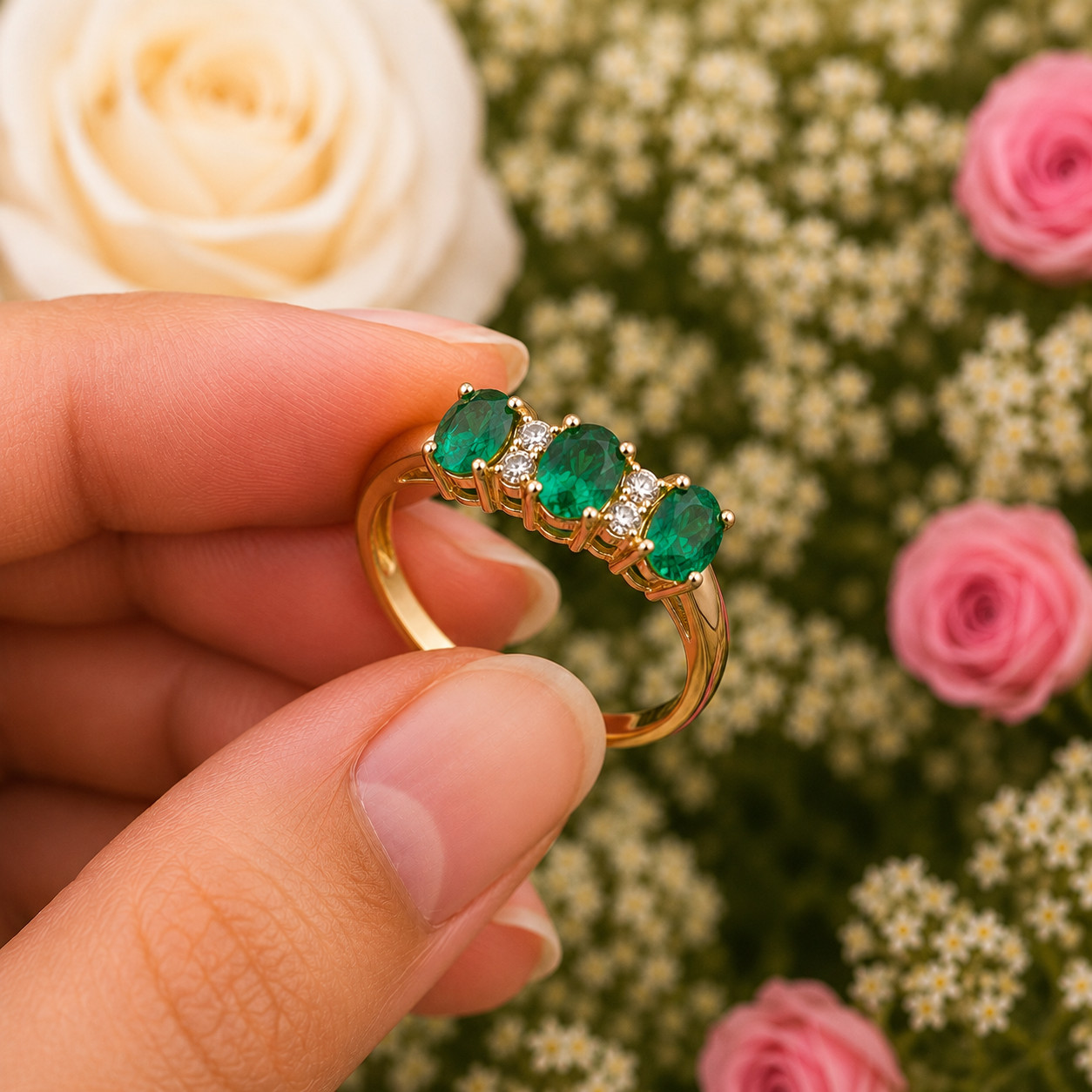 2Ct Oval Cut Lab Created Green Emerald Three-Stone Ring 14K Yellow Gold Plated