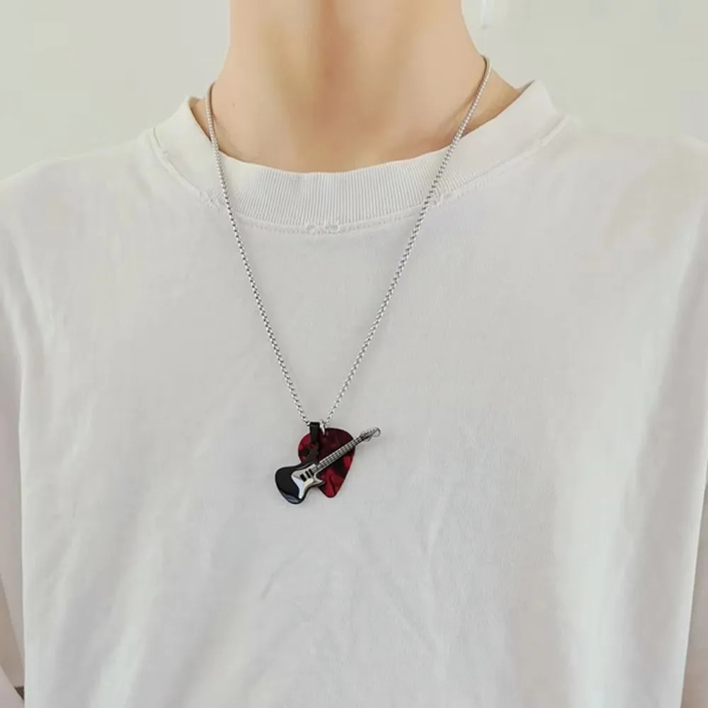 Hip-hop Guitar Pick Pendant Necklace Titanium Steel Trendy Guitar Chain Choker P