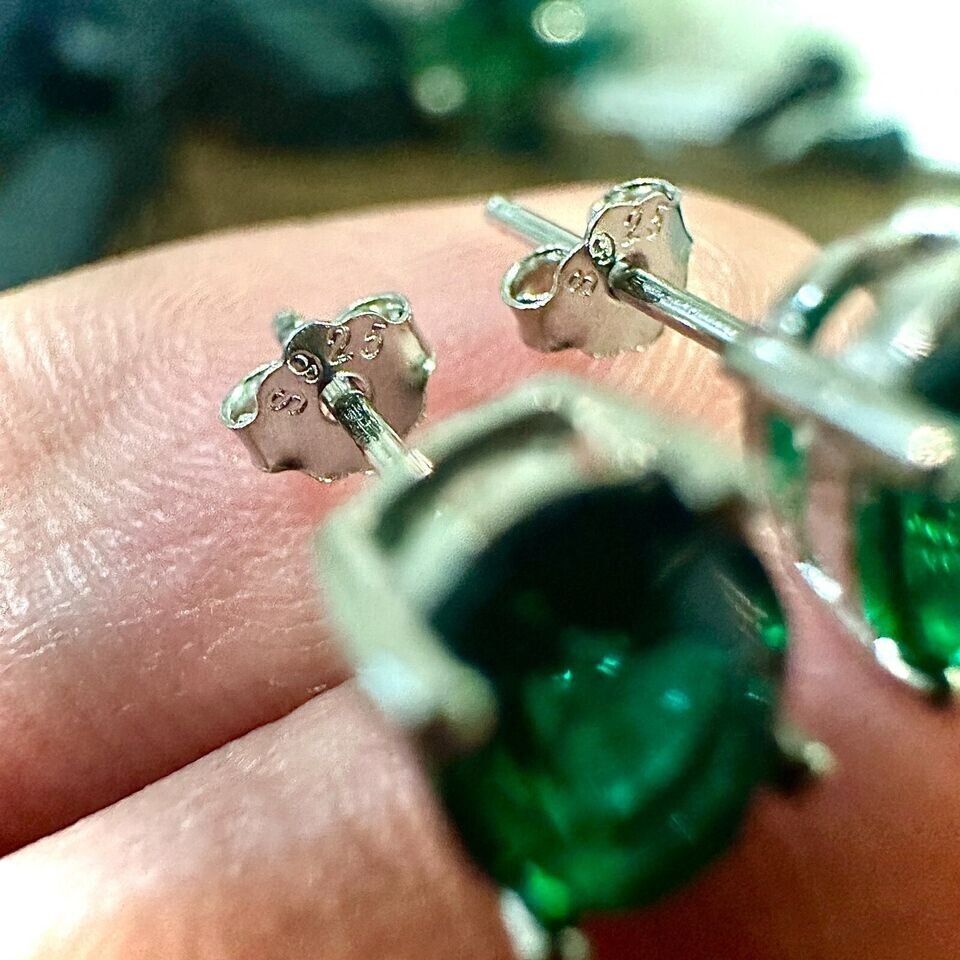 Genuine Emerald Round Basket Set Stud Earrings in Sterling Silver