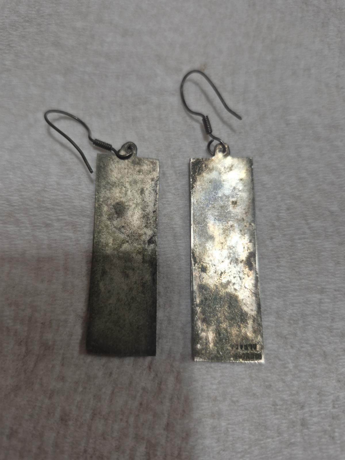Vintage Mexico Alpaca Crushed Turquoise Lapis Mosaic Rectangle Dangle Earrings