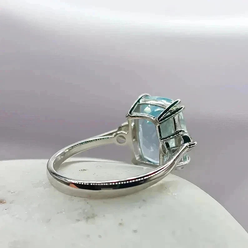 Cushion Cut 6.50 Ct Natural Aquamarine & Diamond Solid 14K White Gold Ring