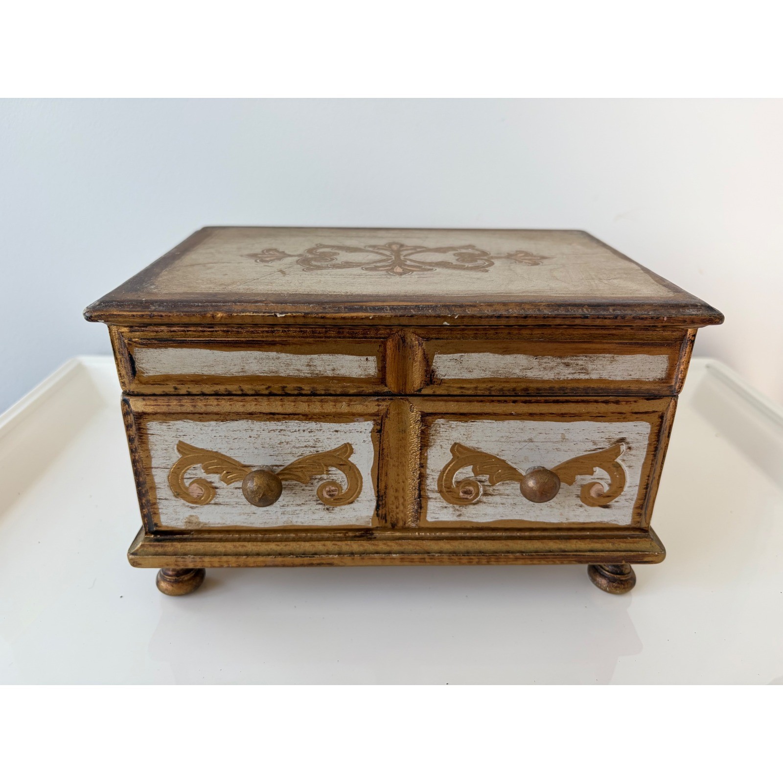Vintage Florentine Wooden Jewelry Box Gold Gilt Red Velvet Mirror Distressed