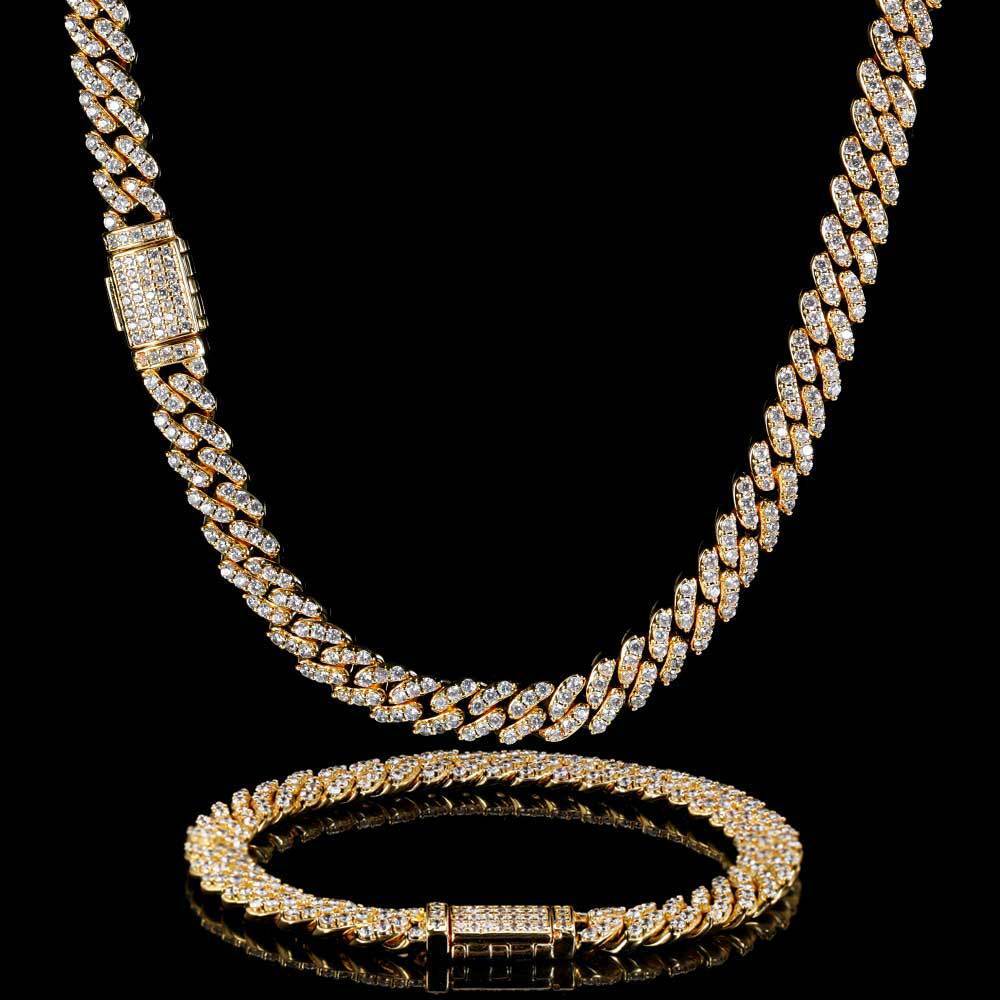 8MM Miami Cuban Link Chain Iced CZ Out Necklace Gold Plated Stainless Steel
