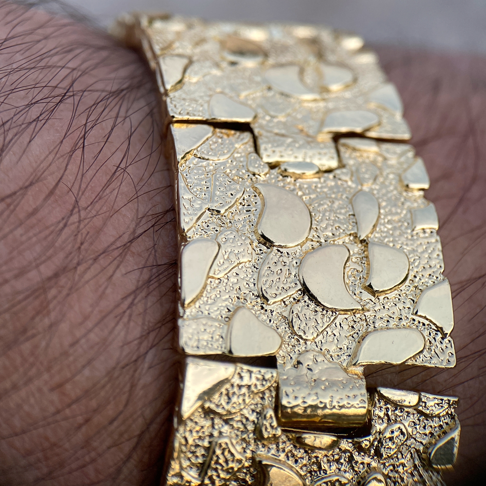 Men’s 14K Gold Plated “Gold Nugget” Heavy Hip Hop Bracelet Big 24MM Thick 8″ in