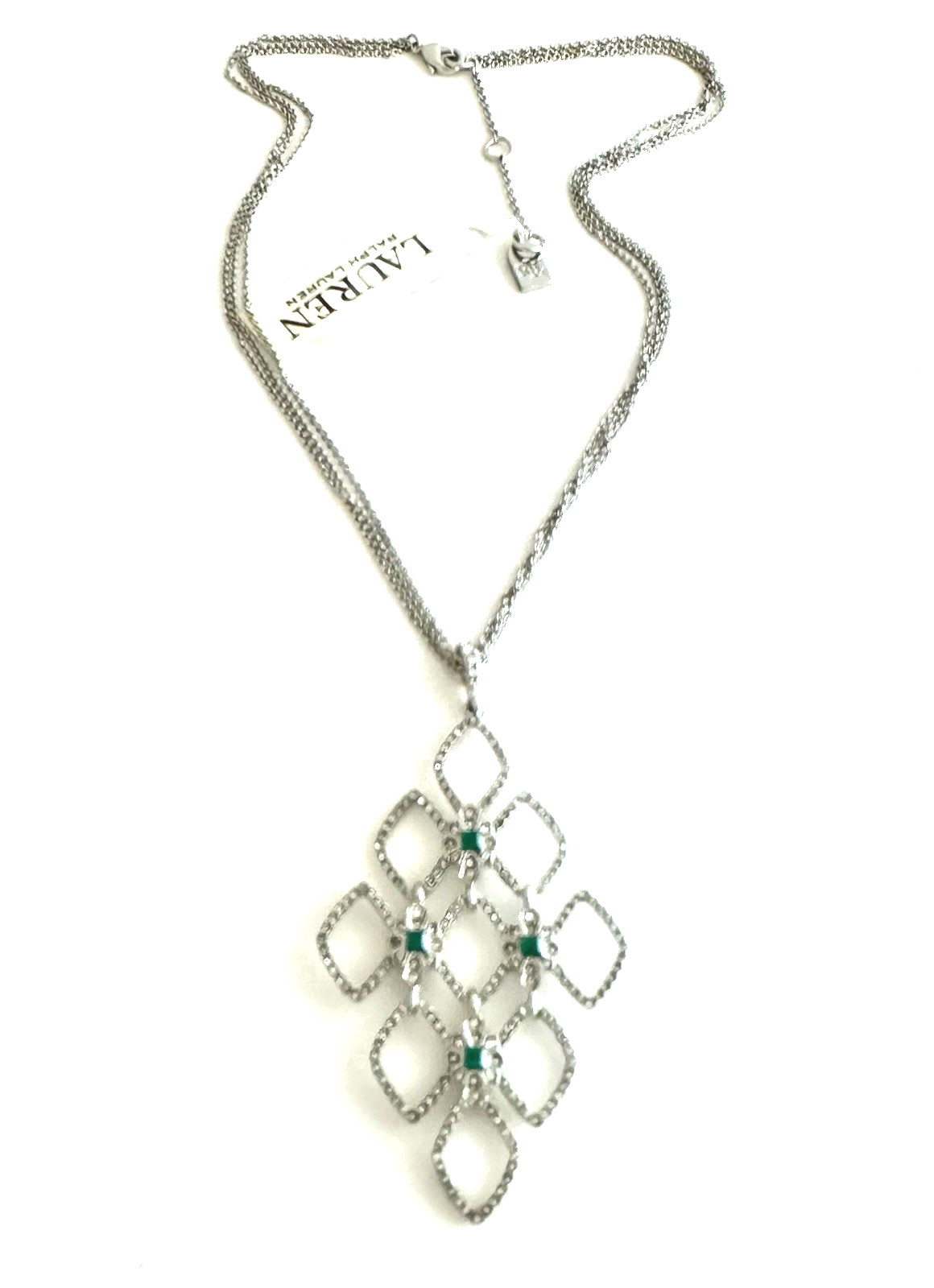 LAUREN Ralph Lauren Silver-Tone Pave Green Crystal Pendant Necklace 17″ + 2″ext