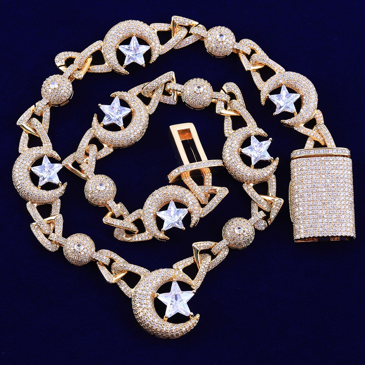 5AAA+ CZ Bling Ice Out Hop Hip Moon Star Cuban Link Chain 14k Real Gold Plated