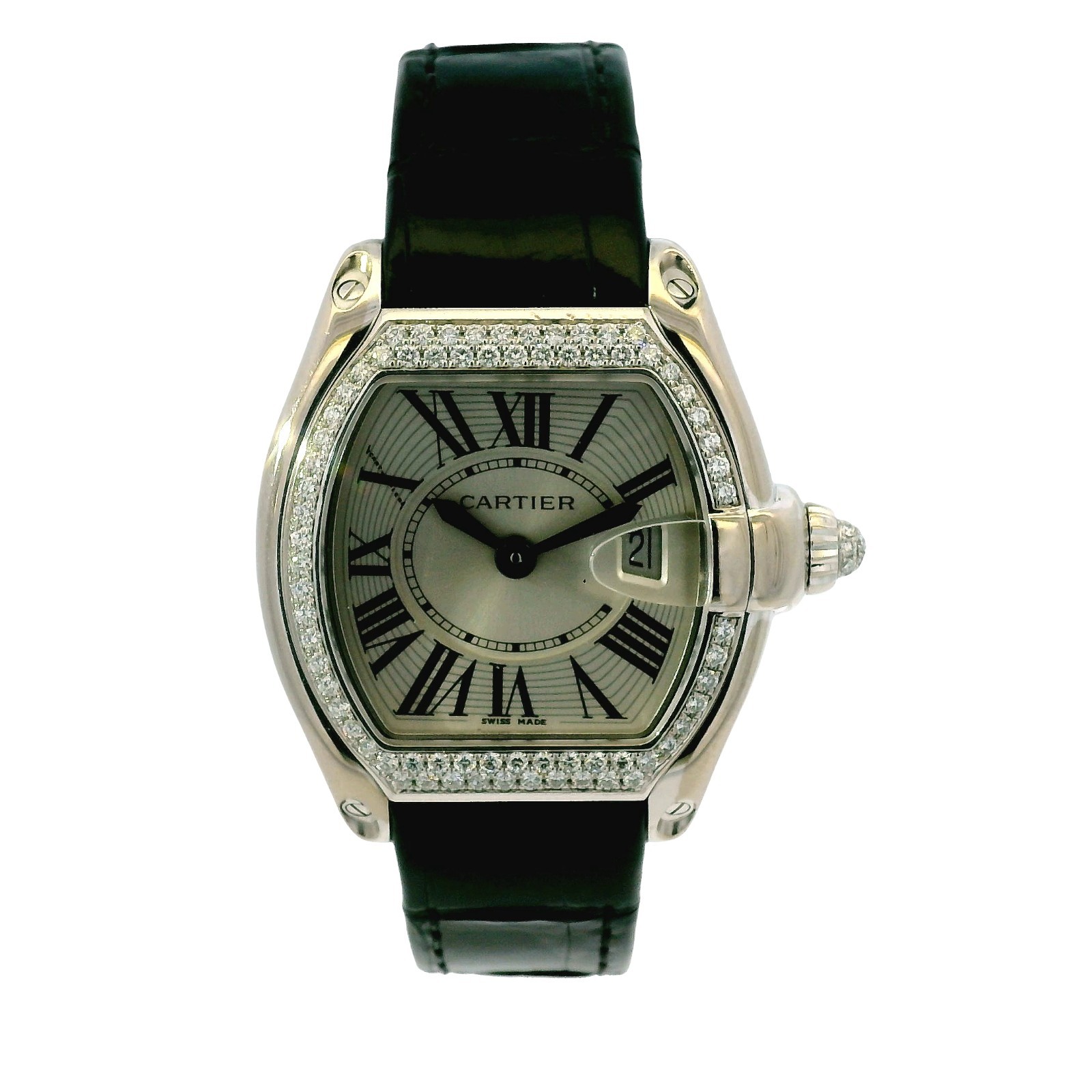Cartier Roadster 18k White Gold Diamond Black Alligator Skin Watch