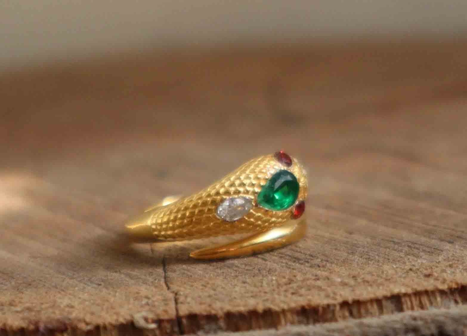 Queen Victoria Gold Vermeil Serpent Snake Ring with Lab Created Sapphire