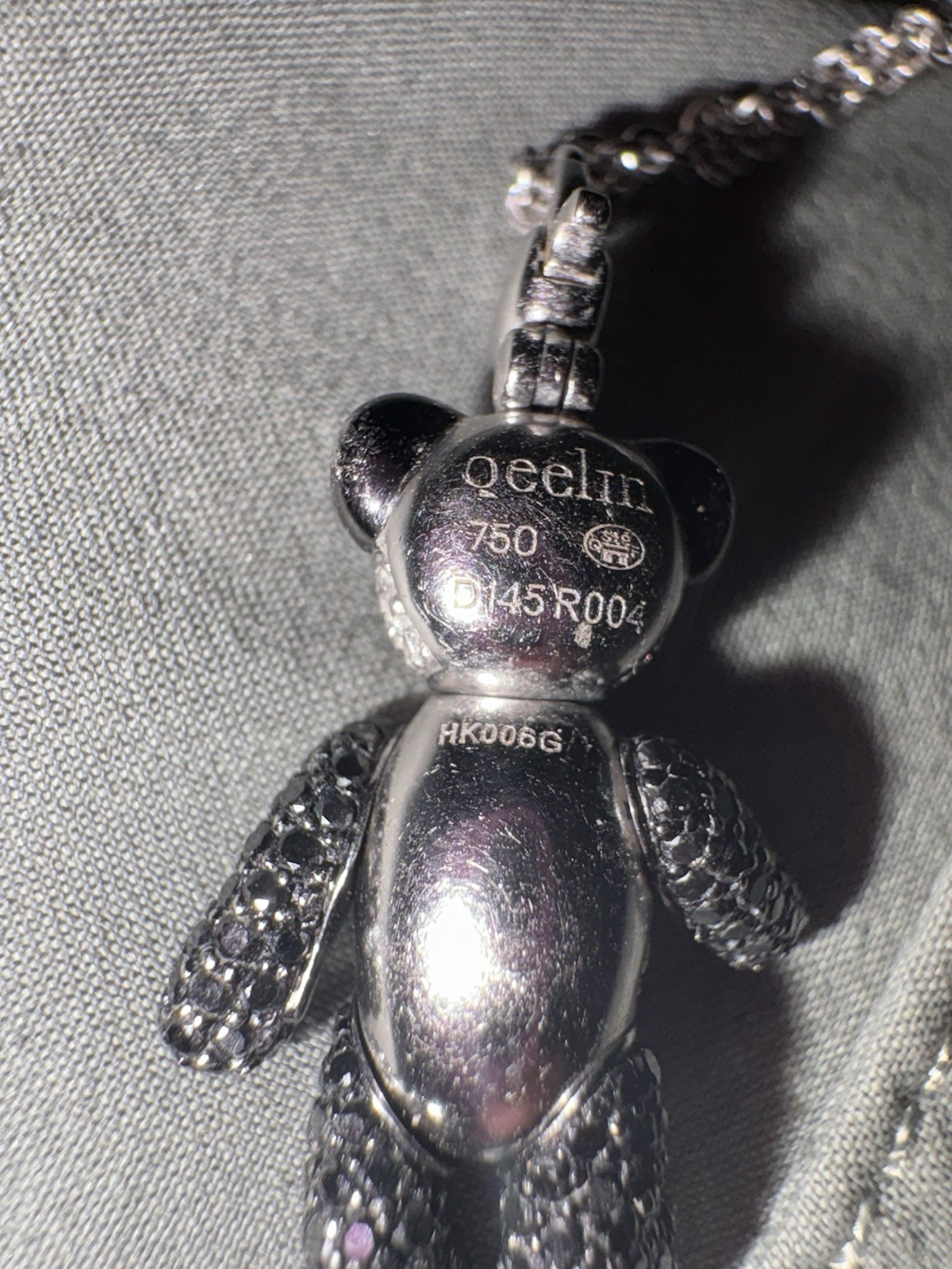 Qeelin 18K White Gold Black Diamond Teddy Bear Charm Necklace 18in Cable