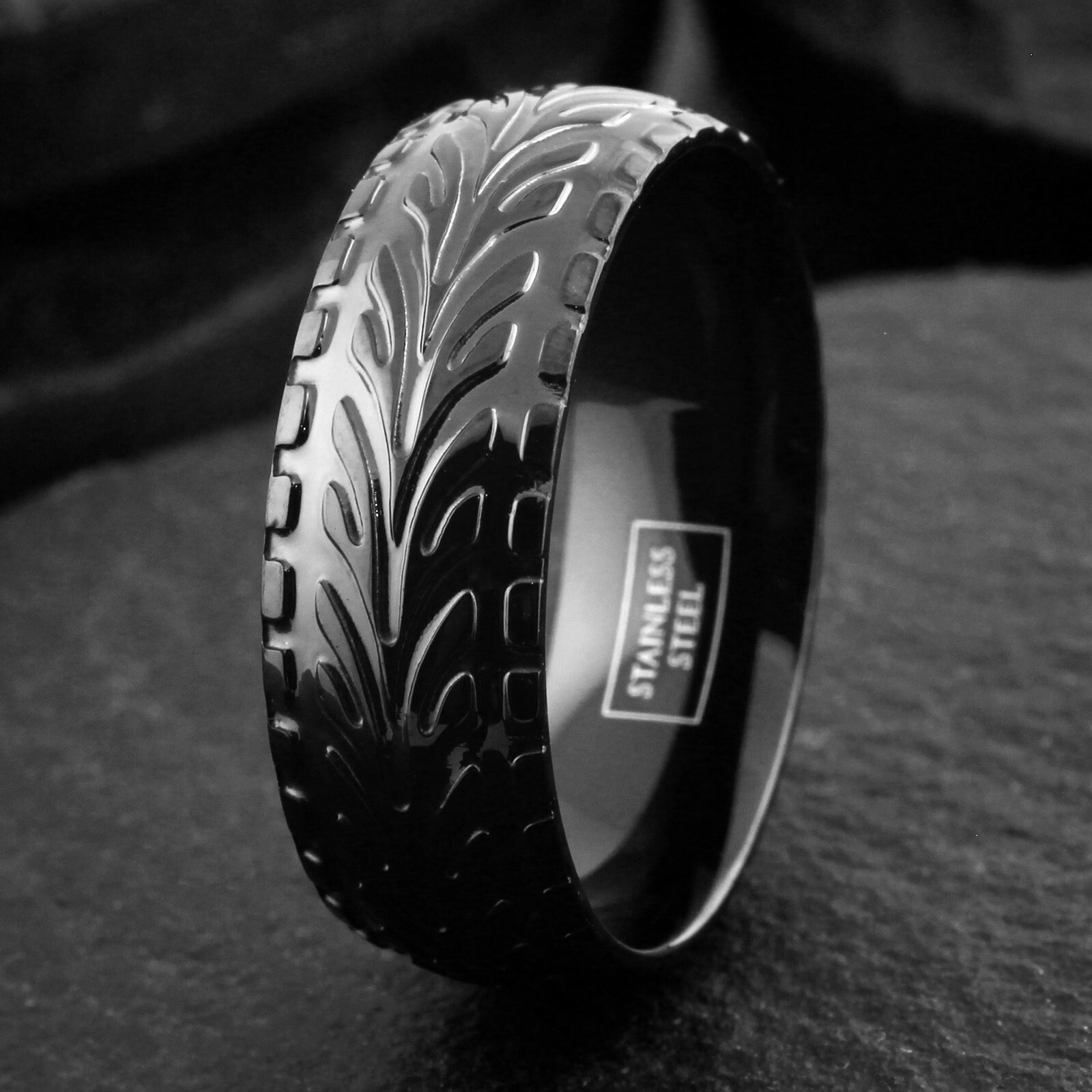 Black Stainless Steel Men’s Tire Track Tread Wedding Band Ring Size 8 -15
