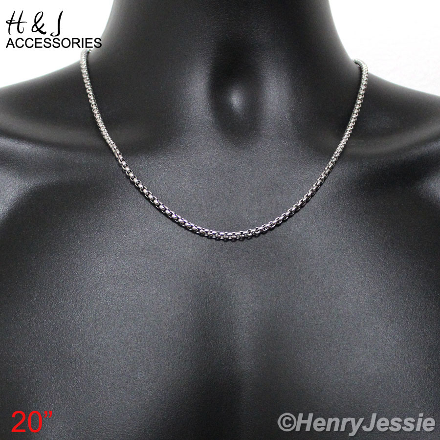 16-32″MEN Stainless Steel 3mm Silver Smooth Classic Box Link Chain Necklace