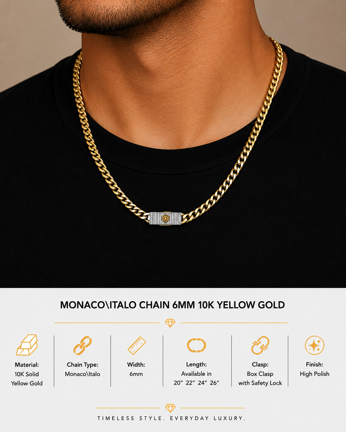 10K Yellow Gold Monaco/Italo Chain 22” – 6mm Classic Twisted Necklace Jewelry