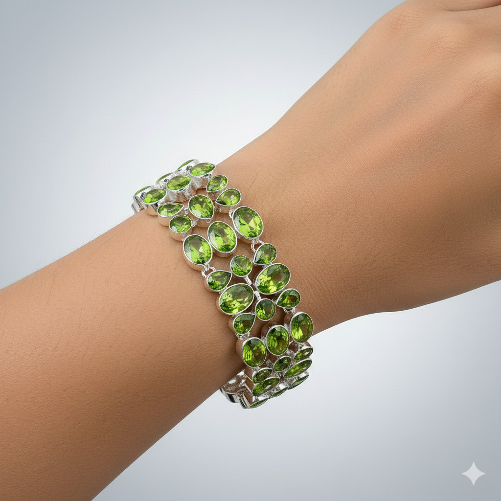 Green Peridot Gemstone Handmade 925 Sterling Silver Jewelry Chain Bracelet ADJ