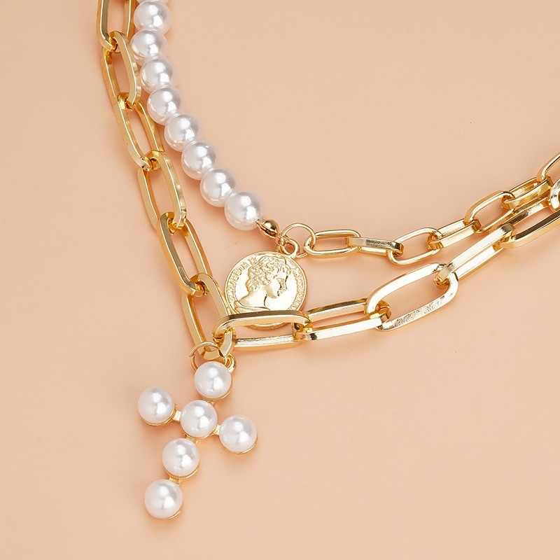 Women’s Hip-hop Cross Imitation Pearl Pendant Necklace Retro Necklace Alloy
