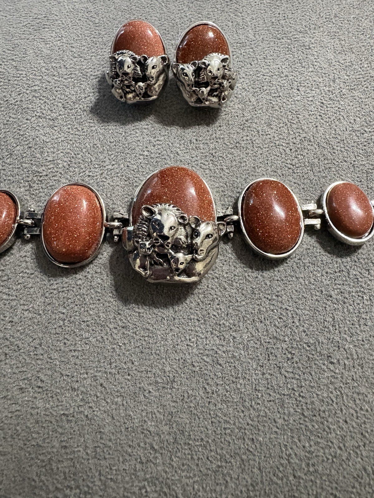 Vintage Silver Tone Goldstone Bracelet And Earrings Set Lion Family
