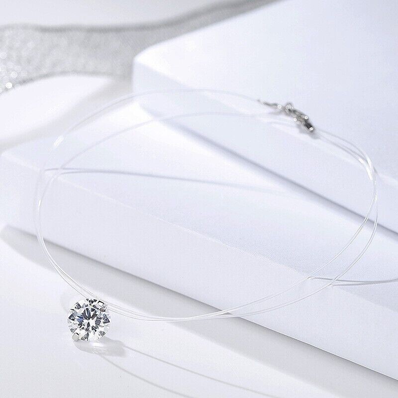 Solitaire Cubic Zirconia Pendant Shiny Silver Transparent Necklace *USA*