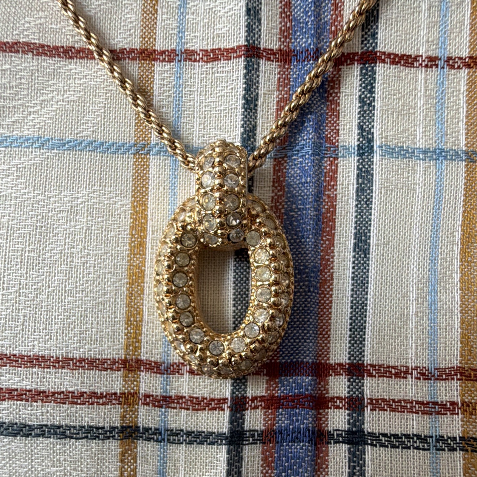 Dior Signed Gold Tone Rope Chain Oval Pendant Pavé Clear Crystal Necklace