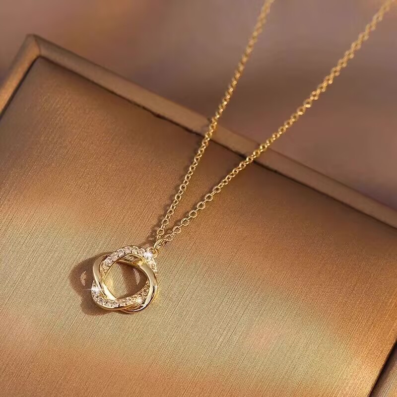 Women’s Fashion CZ Rose Ring Pendant Necklace Collarbone Chain Titanium Steel