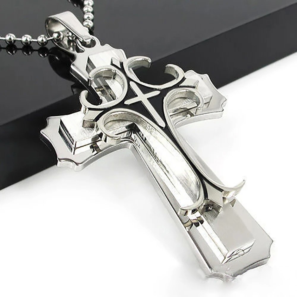 Cross Pendant Necklace Stainless Steel Crucifix Cuban Gold Black Men Unisex New