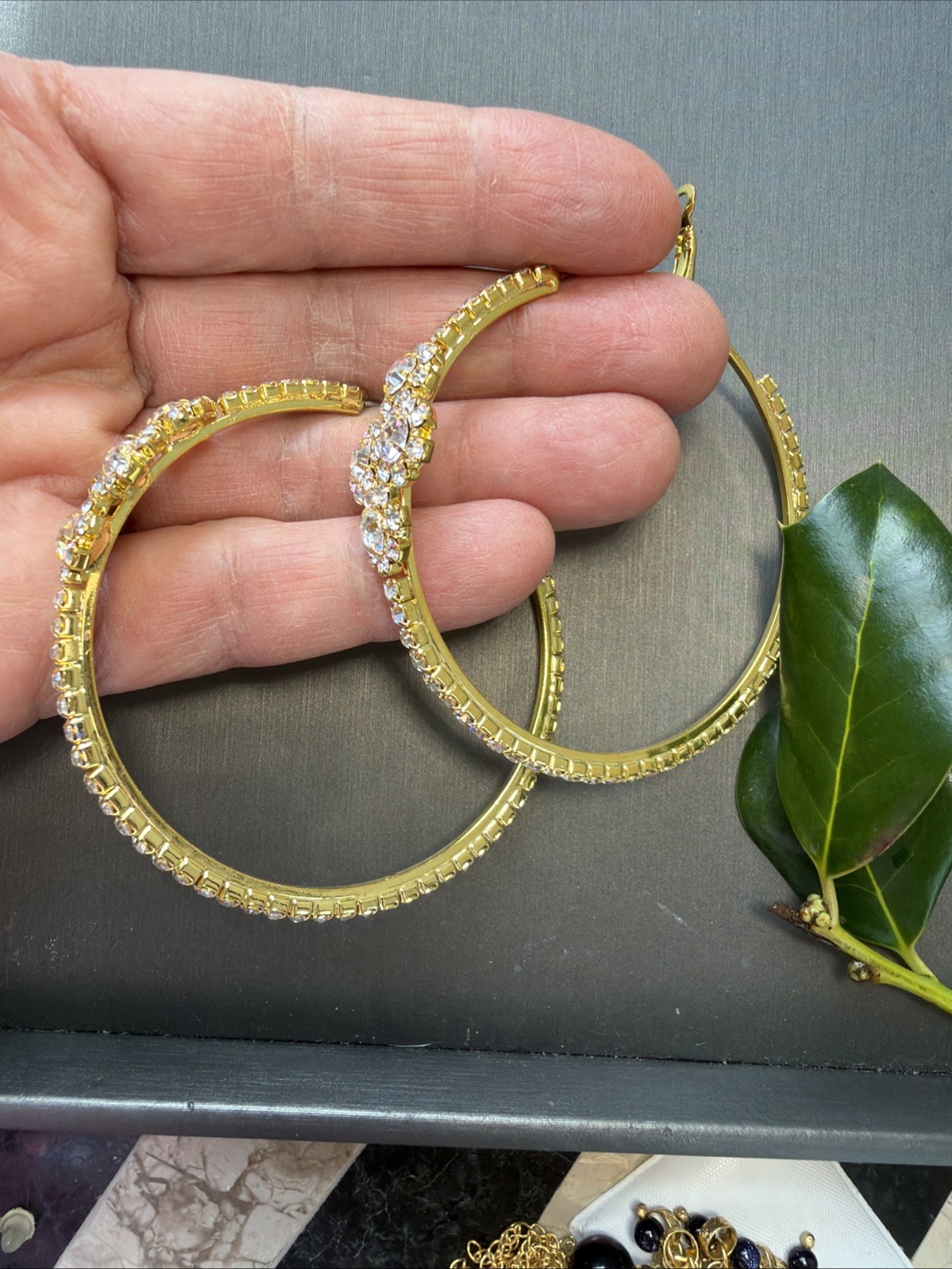 Gold Tone Rhinestone Hoop Earrings Large Statement Floral Cluster 2.5” Glam