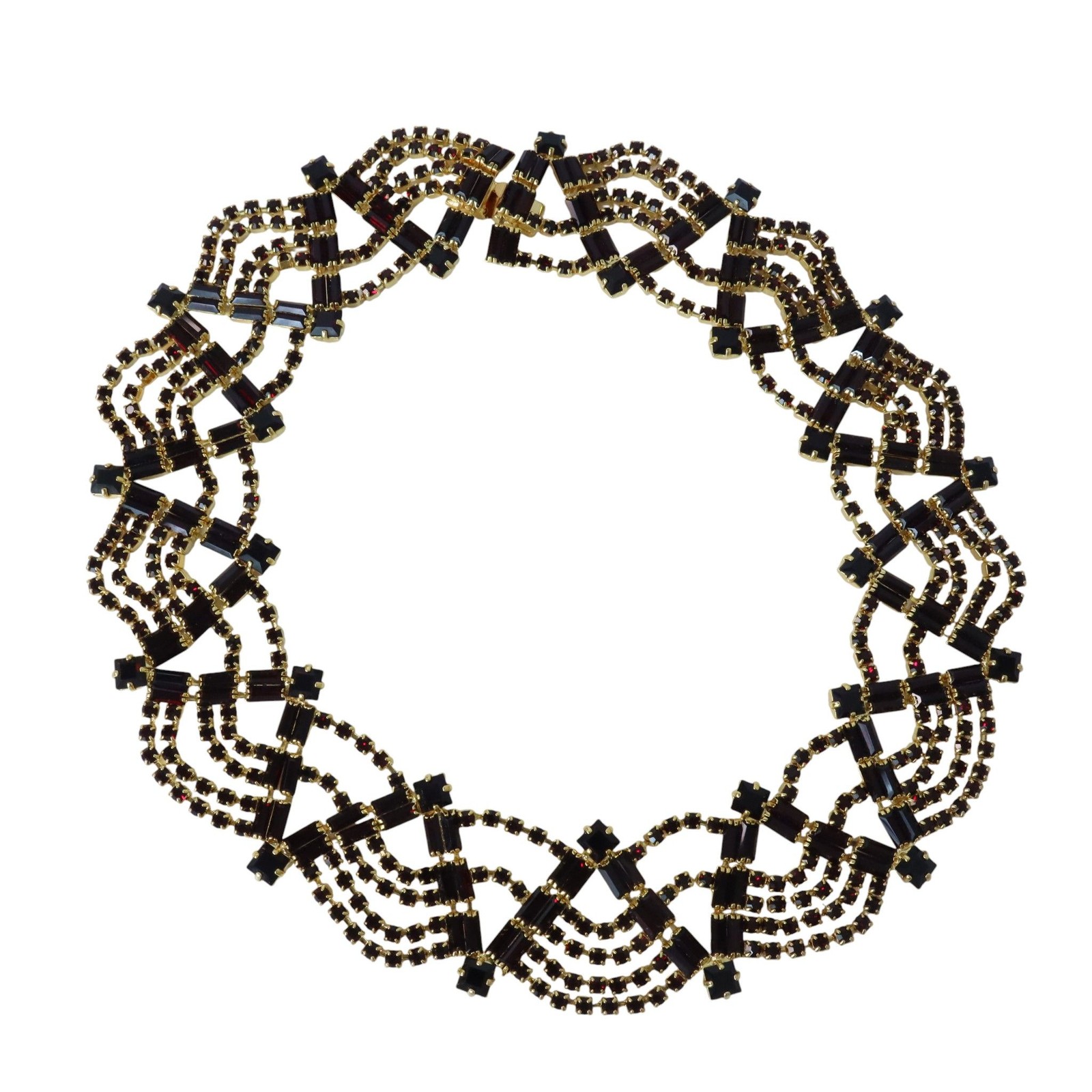 Vintage Czech Republic Garnet Glass Rhinestone Necklace Bracelet Earrings Set