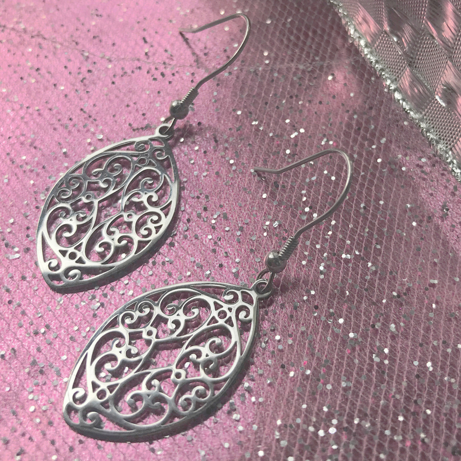 Silver Filigree Earrings Stainless Steel Dangle Womens Cutout Swirl 2 Inch