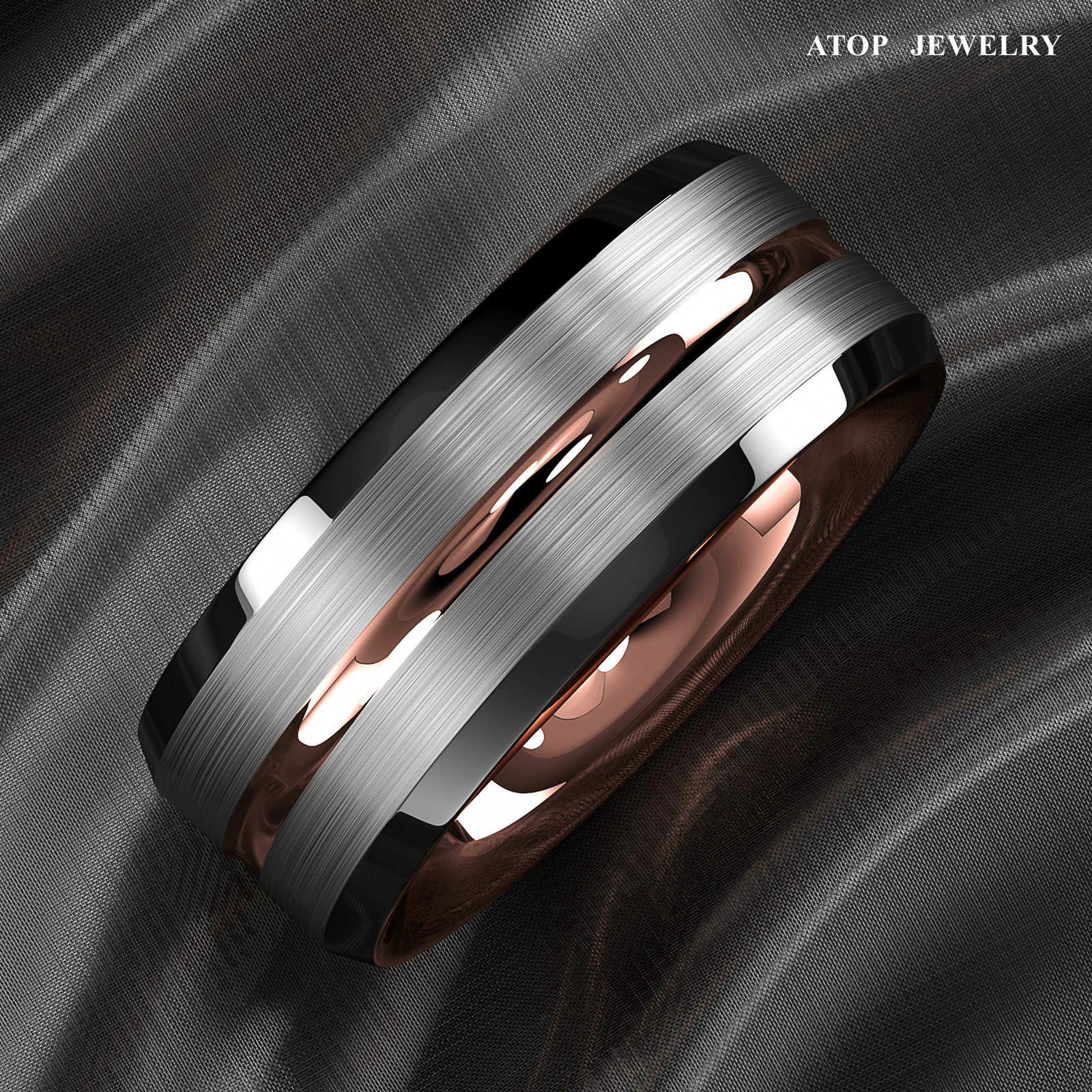 8/6Mm Silver Brushed Plated Metal Rose Gold ATOP Men Tungsten Wedding Band Ring