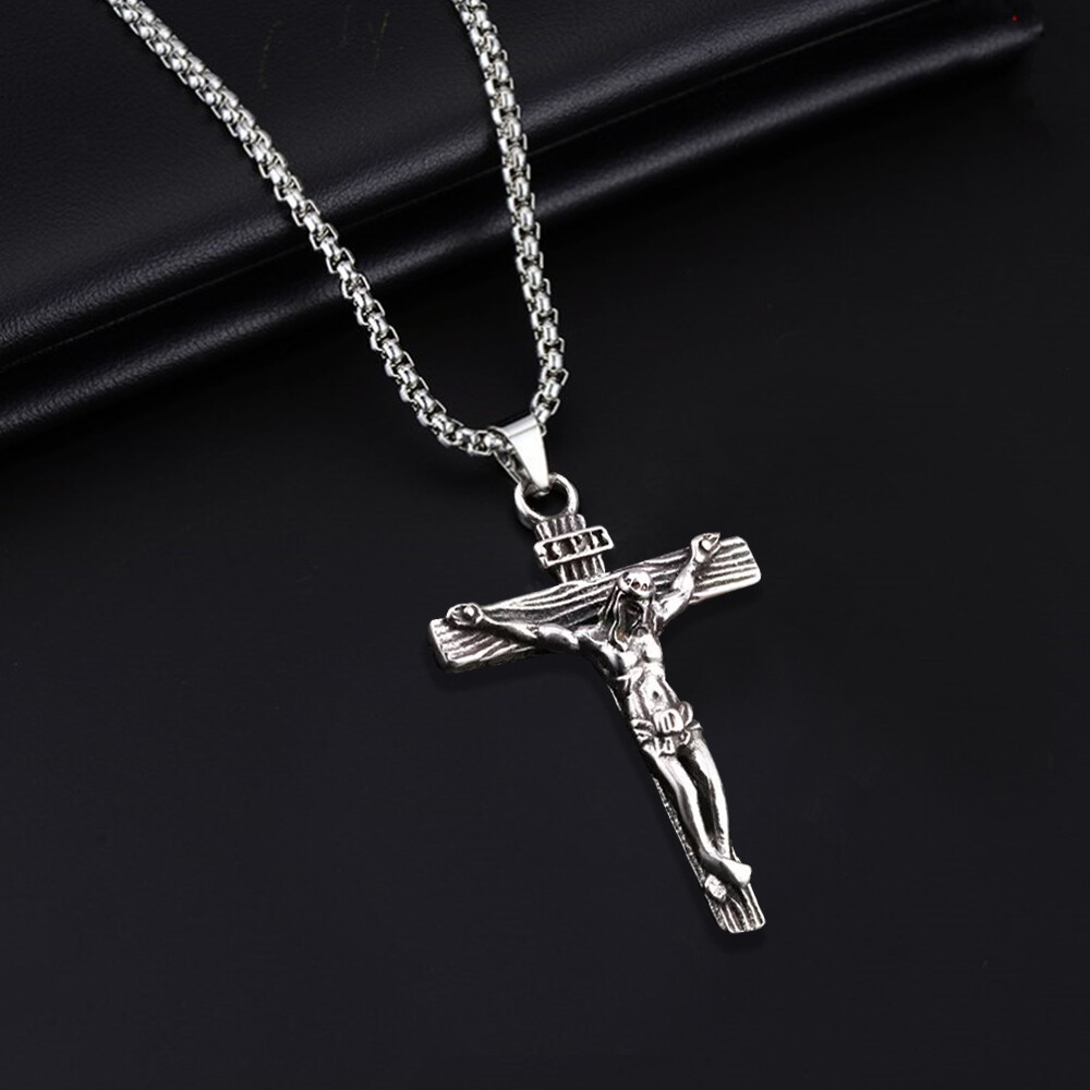 Men Stainless Steel Jesus Christ Crucifix Cross Pendant Chain Necklace