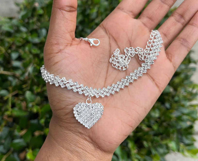 Silver Heart Charm Ankle Bracelet Anklet Foot Ankle Chain Bracelet, Bling, Party