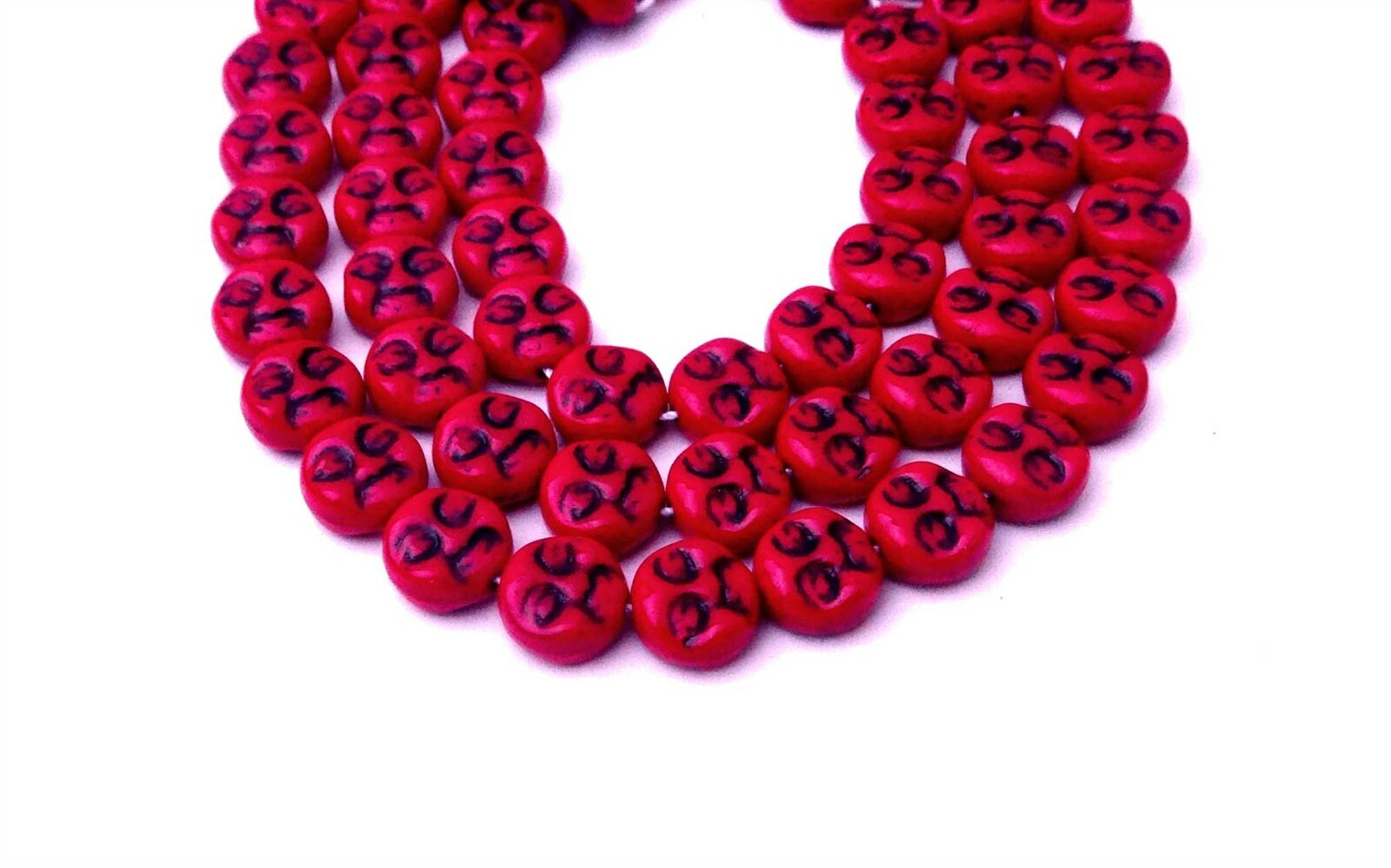 9mm Czech Glass Full Moon Faces Beads Opaque Red – Black Jet Inlay (12)