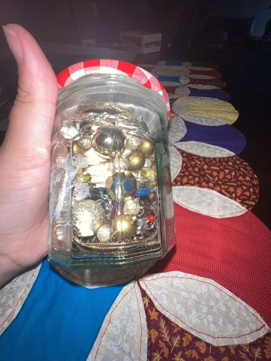 Mystery Costume Jewelry Lot in Repurposed Bonne Maman Jar gold and silver mixed