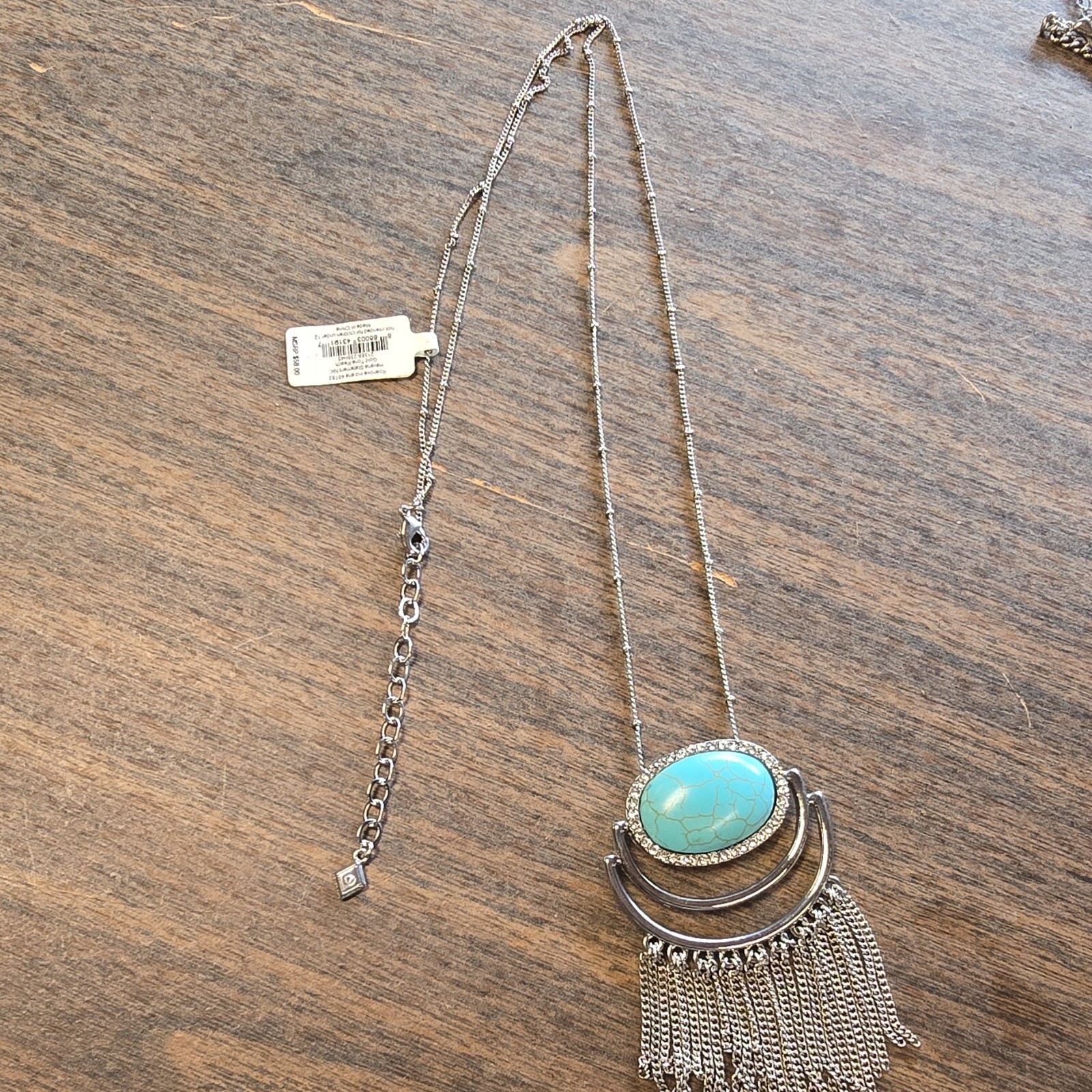 Silver Tone Oval Turquoise Bezel Fringe Statement Pendant Necklace Box Chain