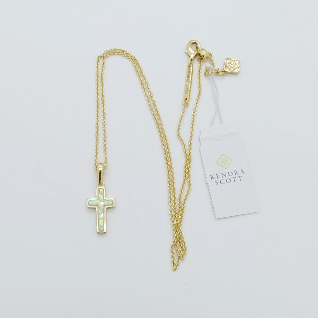 New Kendra Scott Cross Gold Pendant Necklace in White Opal