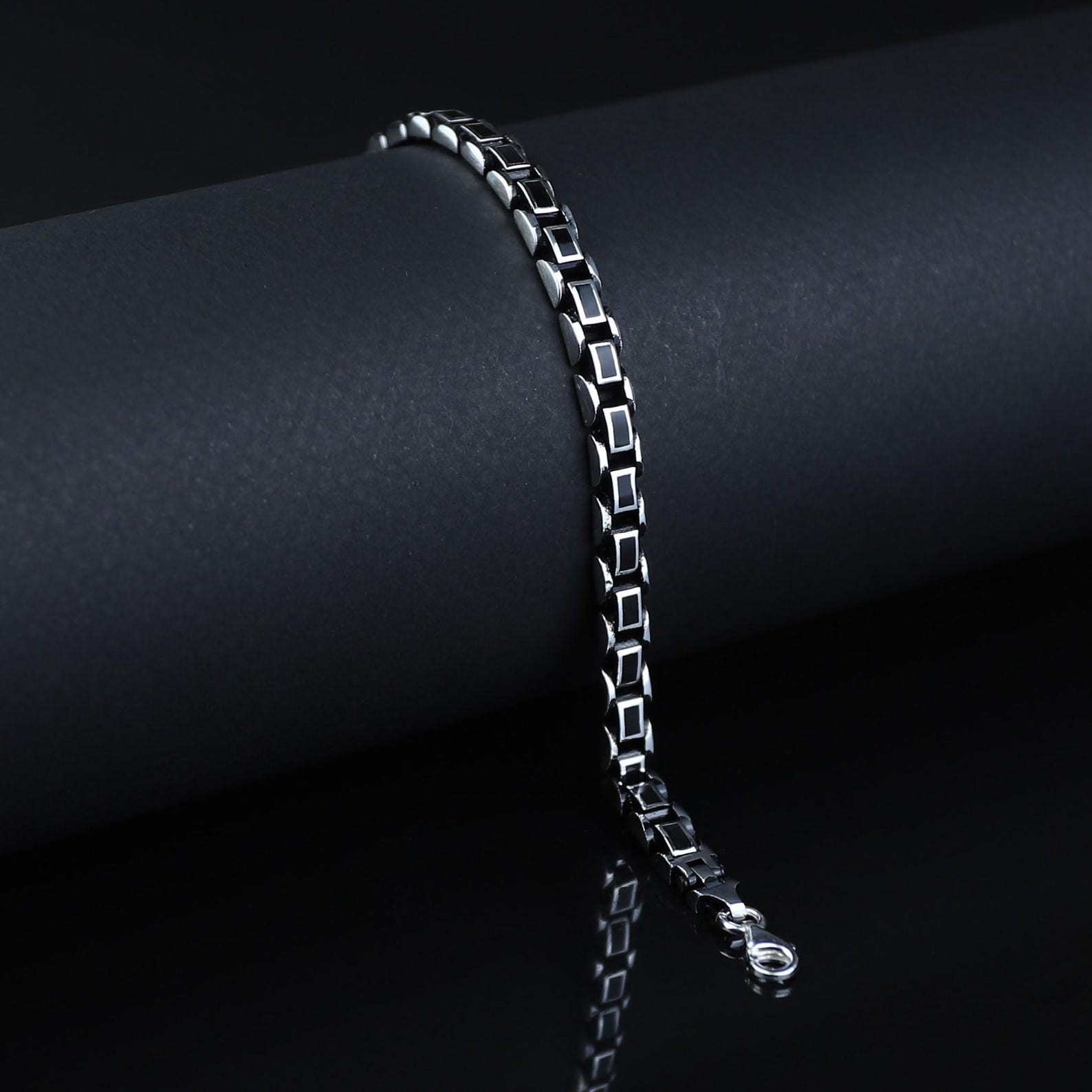 Men Silver Black Onyx Chain Bracelet Oxidized Men’s Bracelet