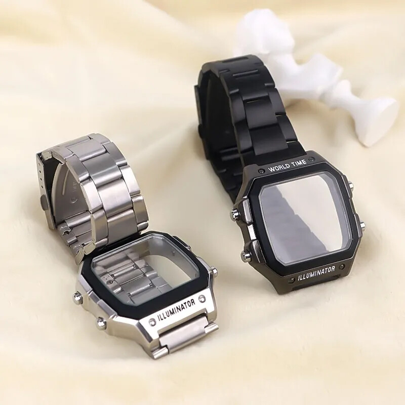 Metal Watch Strap + Modified Stainless Steel Case Cover For Casio AE1200 AE1300
