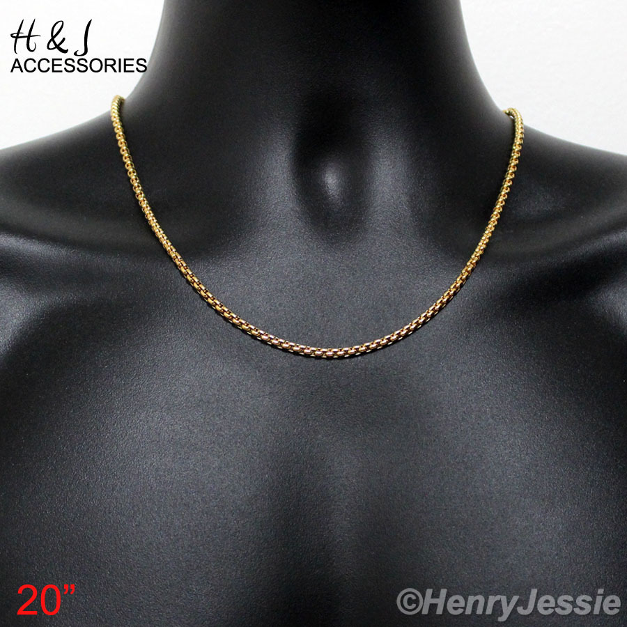16-36″MEN Stainless Steel 2.5mm Gold Plated Smooth Classic Box Chain Necklace