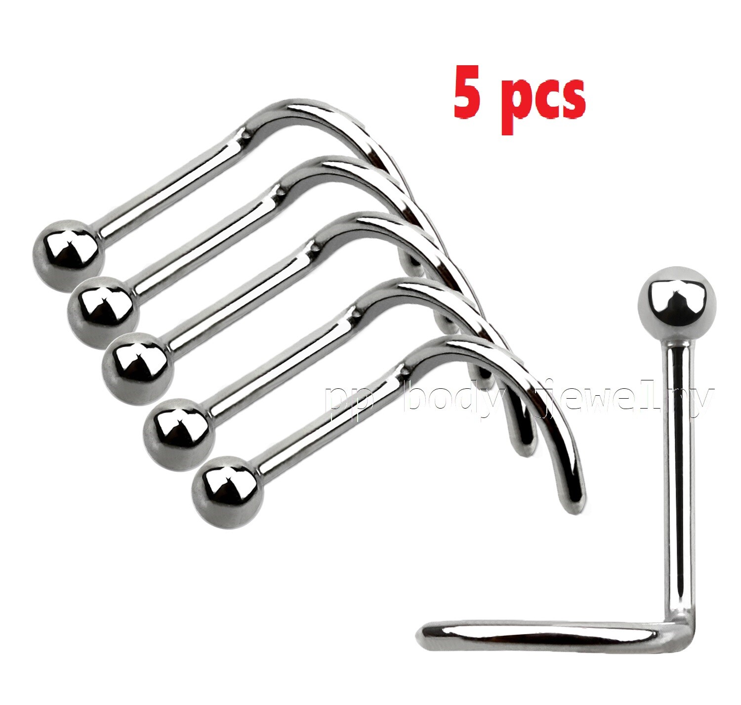 5pcs. Wholesale Lot 20G (0.8mm) 316L Surgical Steel Nose Screw with 2mm Ball