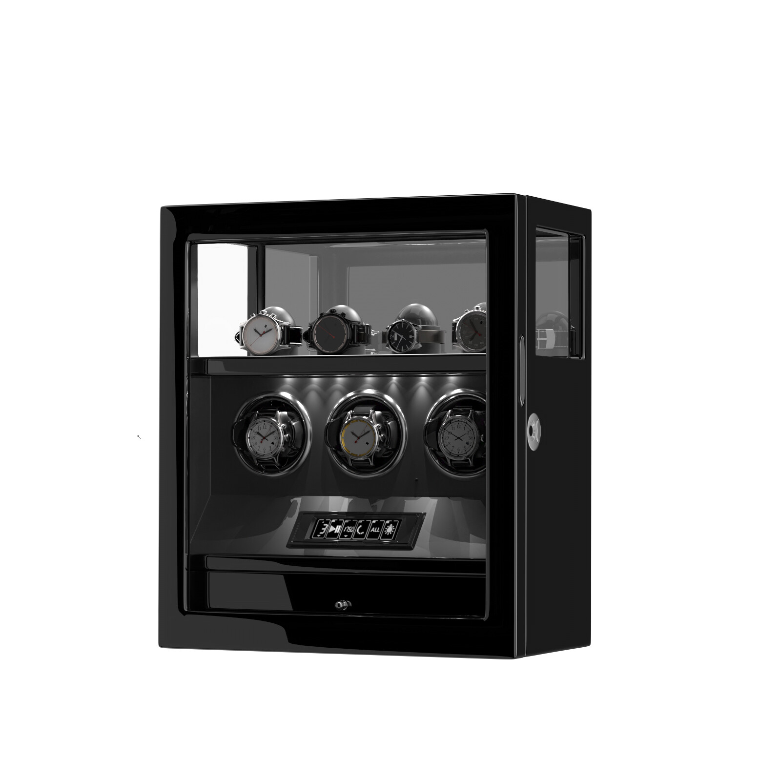 Fingerprint Lock 3 Watch Winder W/ Extra Watches Storage LCD Remote Control LED